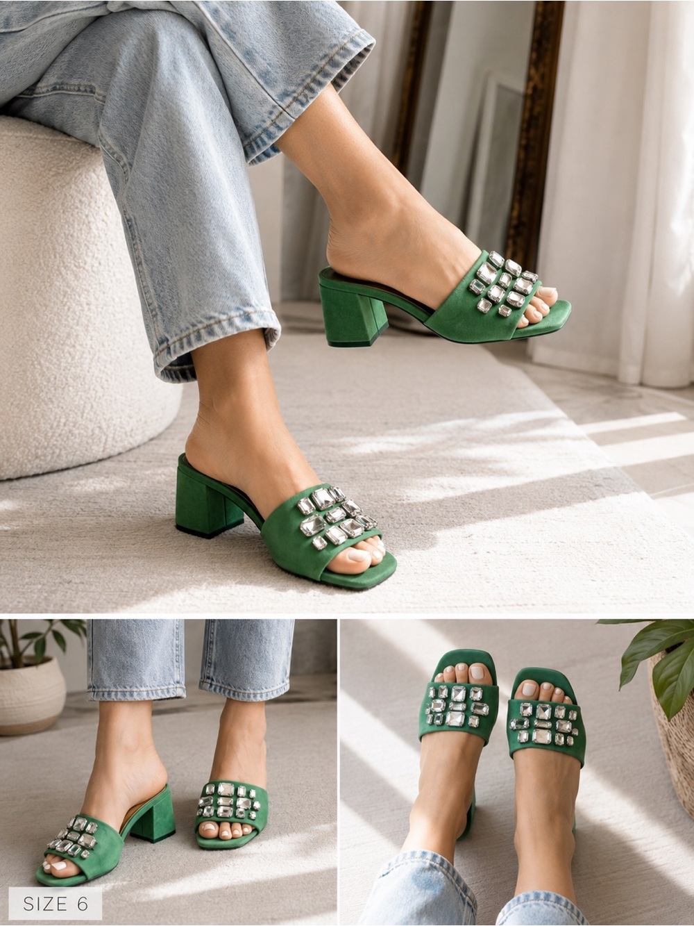 Aldo Green Jeweled Block Heel Mules